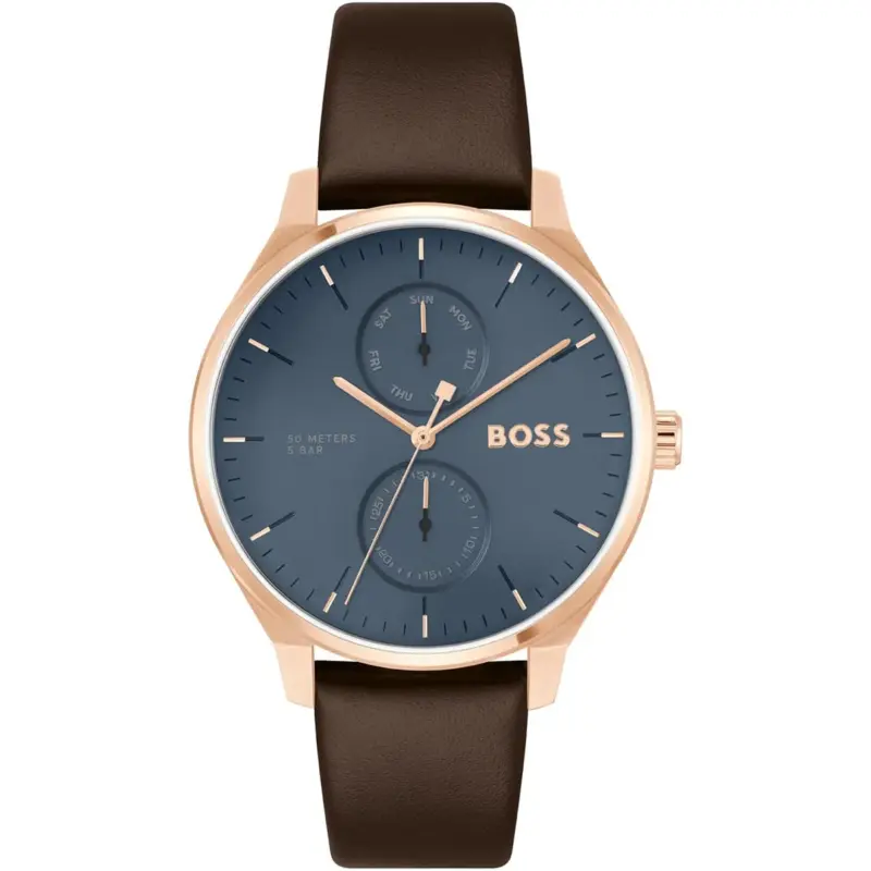 Hugo Boss Watch Men Blue Dial Leather Brown Strap Quartz Battery Analog Three Hand Tyler 1514103