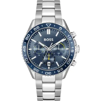 Hugo Boss Watch 5bar 50 Meters Men Blue Dial Stainless Steel Metal Silver Strap Quartz Battery Analog Chronograph Runner 1514143