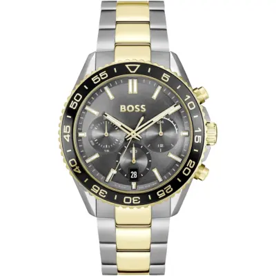 Hugo Boss Watch 5bar 50 Meters Men Two Tone Gray Dial Stainless Steel Metal Silver Gold Strap Quartz Battery Analog Chronograph Runner 1514144
