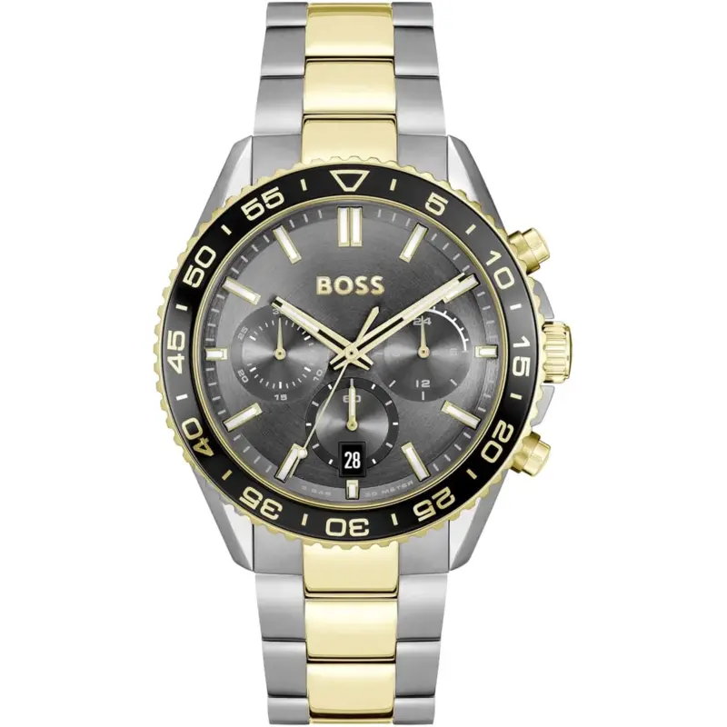Hugo Boss Watch 5bar 50 Meters Men Two Tone Gray Dial Stainless Steel Metal Silver Gold Strap Quartz Battery Analog Chronograph Runner 1514144