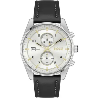 Hugo Boss Watch 5bar Men Silver Dial Leather Black Strap Quartz Battery Analog Chronograph Skytraveller 1514147