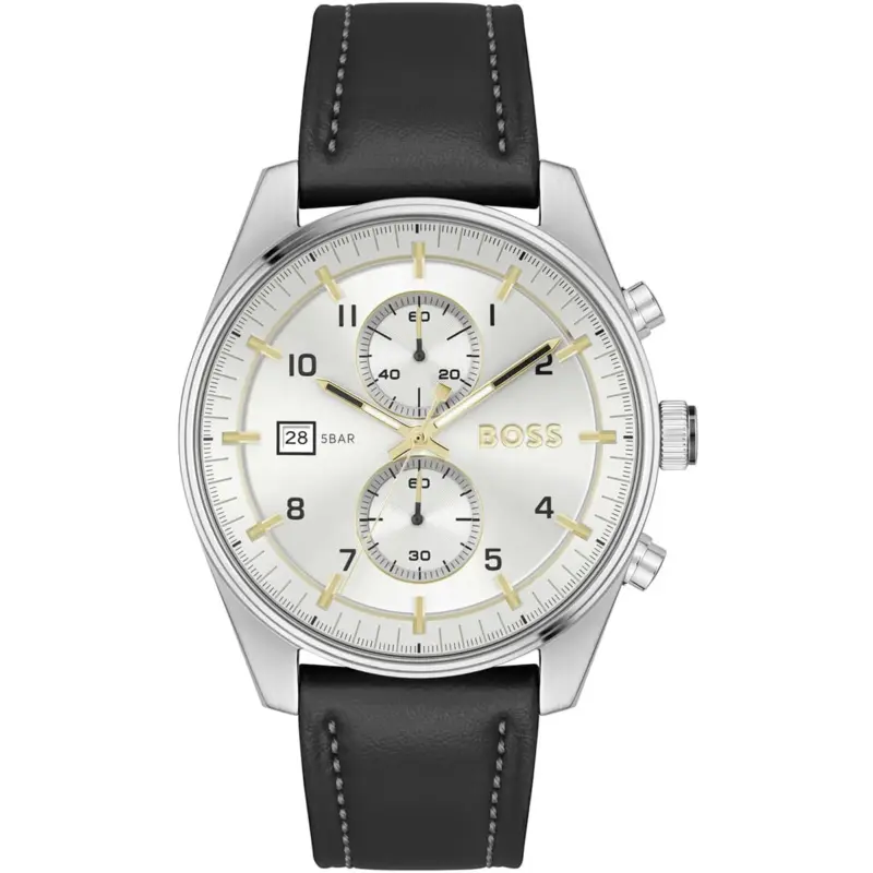 Hugo Boss Watch 5bar Men Silver Dial Leather Black Strap Quartz Battery Analog Chronograph Skytraveller 1514147