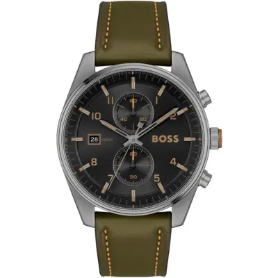 Hugo Boss Watch 5bar Men Black Dial Leather Green Strap Quartz Battery Analog Chronograph Skytraveller 1514148