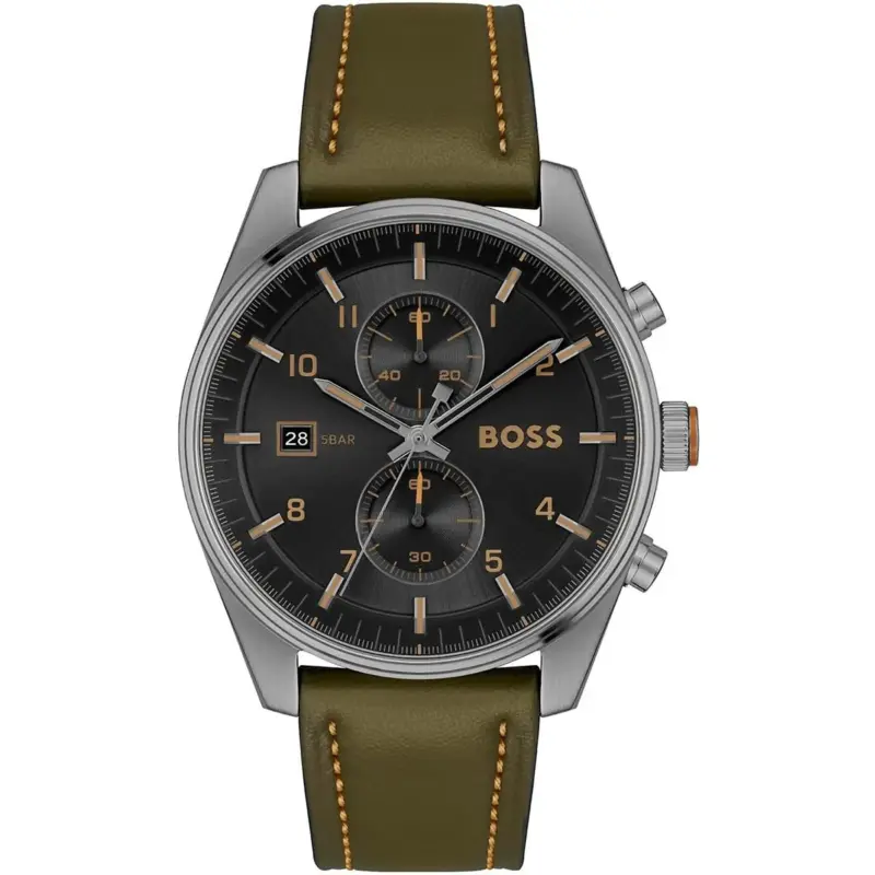 Hugo Boss Watch 5bar Men Black Dial Leather Green Strap Quartz Battery Analog Chronograph Skytraveller 1514148