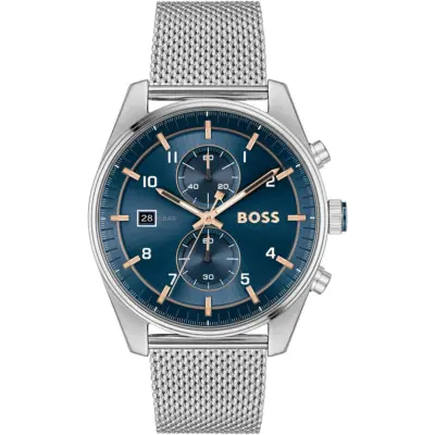 Hugo Boss Watch 5bar Men Mesh Blue Dial Stainless Steel Metal Silver Strap Quartz Battery Analog Chronograph Skytraveller 1514149
