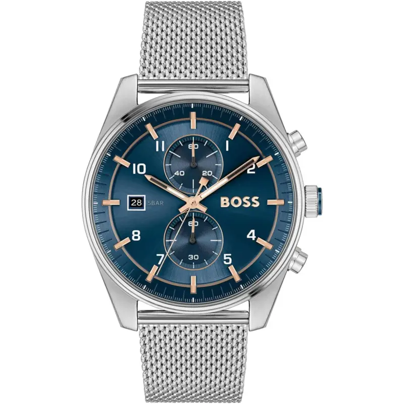 Hugo Boss Watch 5bar Men Mesh Blue Dial Stainless Steel Metal Silver Strap Quartz Battery Analog Chronograph Skytraveller 1514149