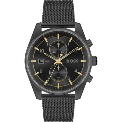 Hugo Boss Watch 5bar Men Mesh Gray Dial Stainless Steel Metal Grey Strap Quartz Battery Analog Chronograph Skytraveller 1514150