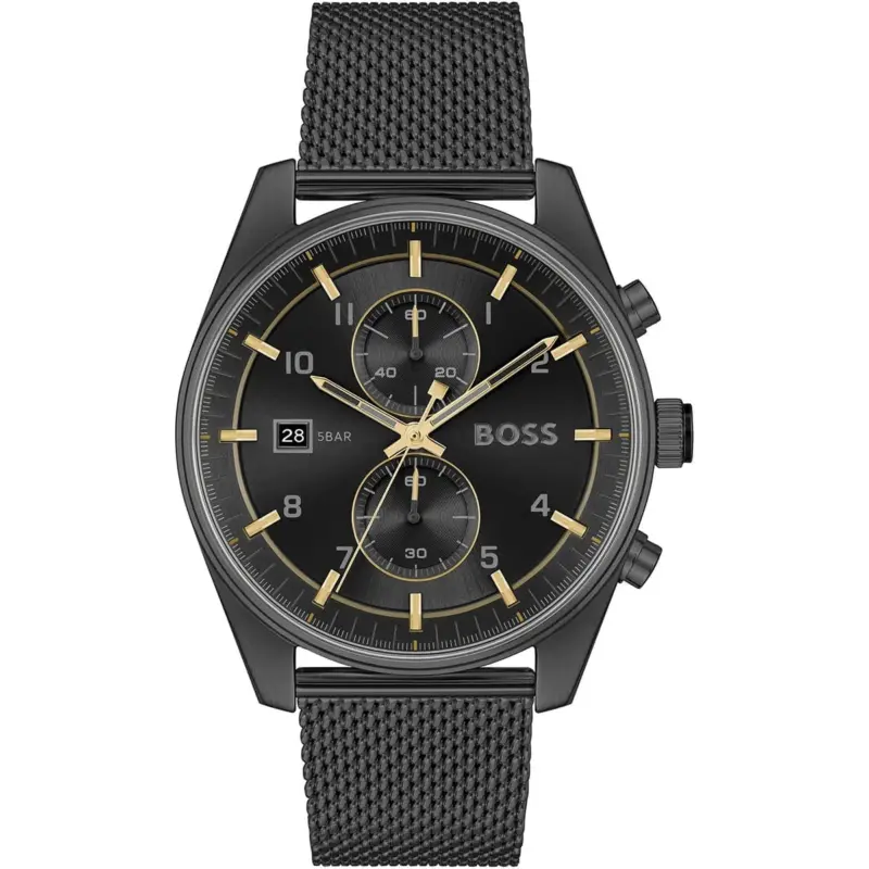 Hugo Boss Watch 5bar Men Mesh Gray Dial Stainless Steel Metal Grey Strap Quartz Battery Analog Chronograph Skytraveller 1514150