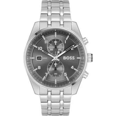 Hugo Boss Watch Men Gray Dial Stainless Steel Metal Silver Strap Quartz Battery Analog Chronograph Skytraveller 1514151