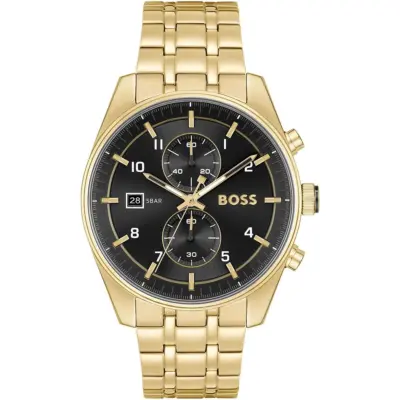 Hugo Boss Watch Men Black Dial Stainless Steel Metal Gold Strap Quartz Battery Analog Chronograph Skytraveller 1514152