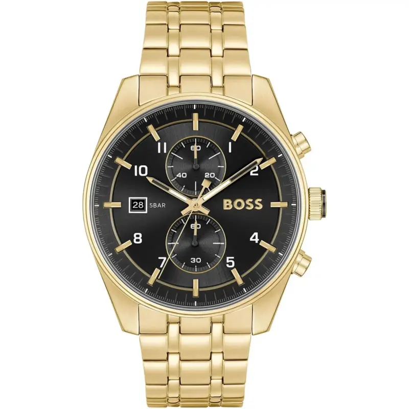 Hugo Boss Watch Men Black Dial Stainless Steel Metal Gold Strap Quartz Battery Analog Chronograph Skytraveller 1514152