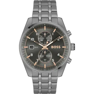 Hugo Boss Watch Men Gray Dial Stainless Steel Metal Grey Strap Quartz Battery Analog Chronograph Skytraveller 1514153