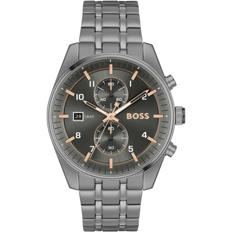 Hugo Boss Watch Men Gray Dial Stainless Steel Metal Grey Strap Quartz Battery Analog Chronograph Skytraveller 1514153