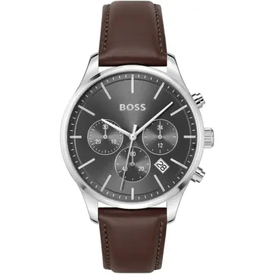 Hugo Boss Watch Men Gray Dial Leather Brown Strap Quartz Battery Analog Chronograph Avery 1514155