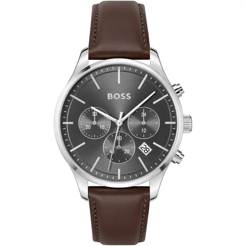 Hugo Boss Watch Men Gray Dial Leather Brown Strap Quartz Battery Analog Chronograph Avery 1514155