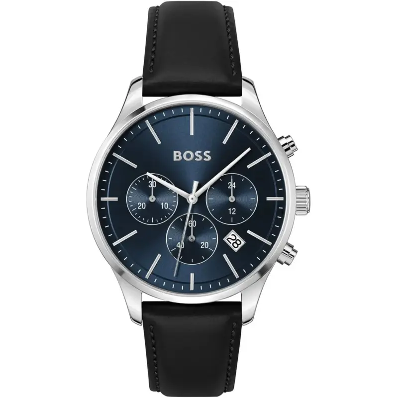 Hugo Boss Watch Men Blue Dial Leather Black Strap Quartz Battery Analog Chronograph Avery 1514156