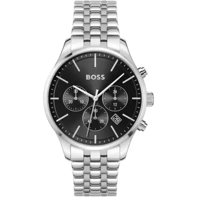 Hugo Boss Watch Men Black Dial Stainless Steel Metal Silver Strap Quartz Battery Analog Chronograph Avery 1514157