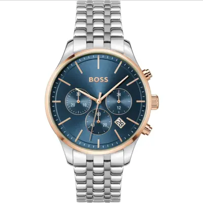 Hugo Boss Watch Men Blue Dial Stainless Steel Metal Silver Strap Quartz Battery Analog Chronograph Avery 1514158