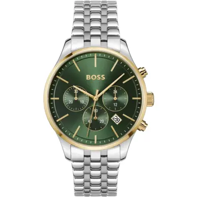 Hugo Boss Watch Men Green Dial Stainless Steel Metal Silver Strap Quartz Battery Analog Chronograph Avery 1514159