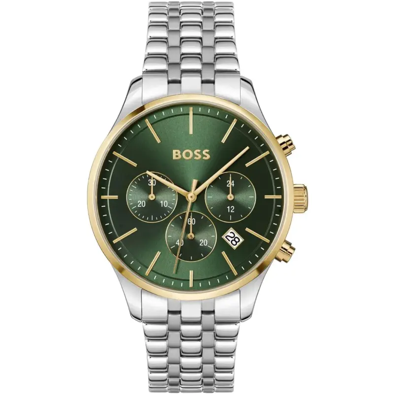 Hugo Boss Watch Men Green Dial Stainless Steel Metal Silver Strap Quartz Battery Analog Chronograph Avery 1514159