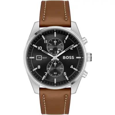 Hugo Boss Watch 5bar Men Black Dial Leather Brown Strap Quartz Battery Analog Chronograph Skytraveller 1514161