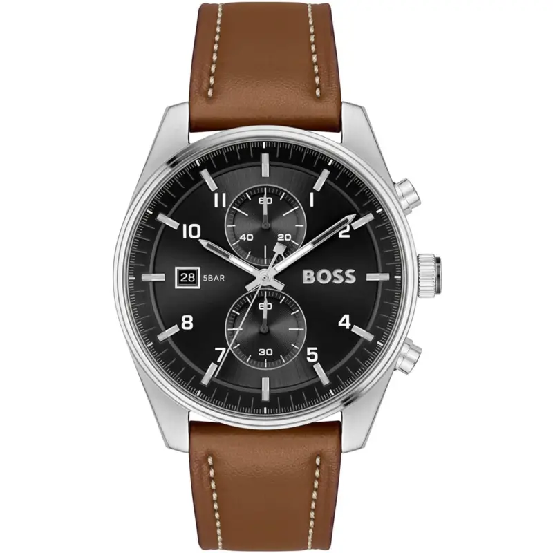 Hugo Boss Watch 5bar Men Black Dial Leather Brown Strap Quartz Battery Analog Chronograph Skytraveller 1514161