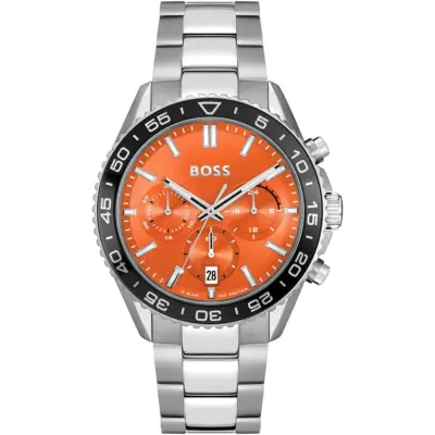 Hugo Boss Watch 5bar 50 Meters Men Orange Dial Stainless Steel Metal Silver Strap Quartz Battery Analog Chronograph Runner 1514162