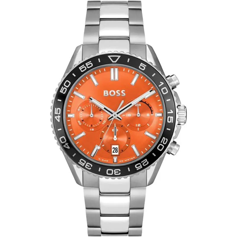 Hugo Boss Watch 5bar 50 Meters Men Orange Dial Stainless Steel Metal Silver Strap Quartz Battery Analog Chronograph Runner 1514162