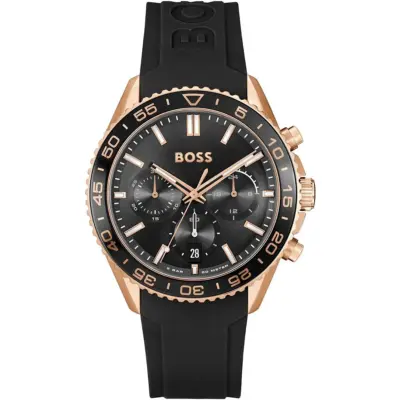 Hugo Boss Watch 5bar 50 Meters Men Black Dial Rubber Strap Quartz Battery Analog Chronograph Runner 1514168