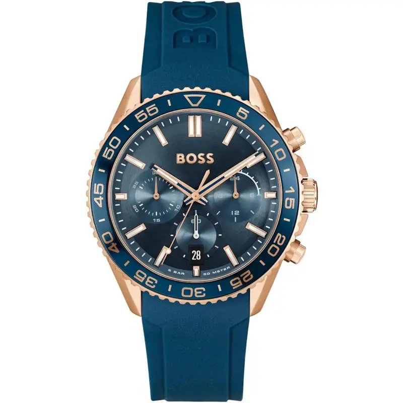 Hugo Boss Watch 5bar 50 Meters Men Blue Dial Rubber Strap Quartz Battery Analog Chronograph Runner 1514169