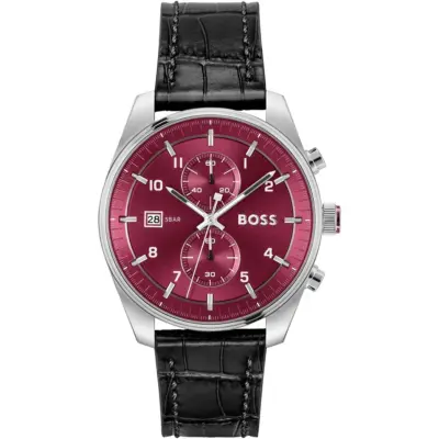 Hugo Boss Watch 5bar Men Burgundy Dial Leather Black Strap Quartz Battery Analog Chronograph Skytraveller 1514193