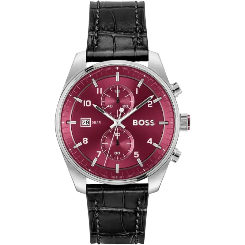 Hugo Boss Watch 5bar Men Burgundy Dial Leather Black Strap Quartz Battery Analog Chronograph Skytraveller 1514193