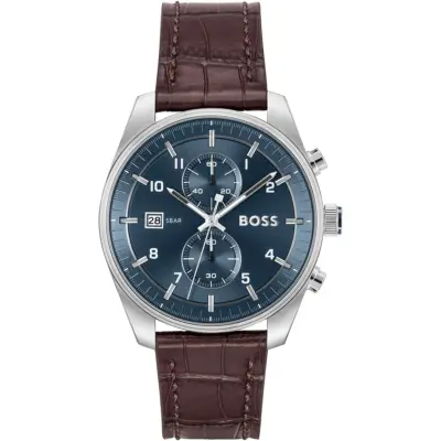 Hugo Boss Watch 5bar Men Blue Dial Leather Brown Strap Quartz Battery Analog Chronograph Skytraveller 1514194