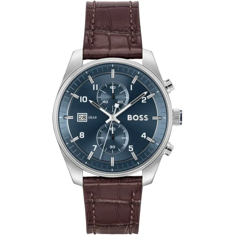 Hugo Boss Watch 5bar Men Blue Dial Leather Brown Strap Quartz Battery Analog Chronograph Skytraveller 1514194