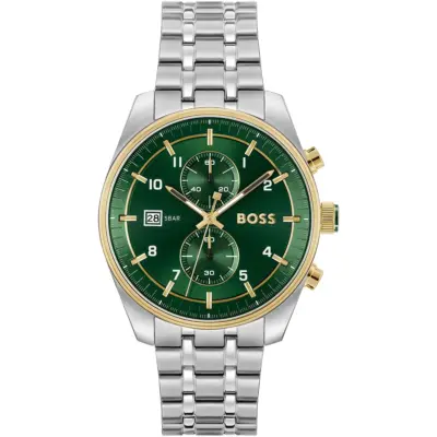 Hugo Boss Watch 5bar Men Green Dial Stainless Steel Metal Silver Strap Quartz Battery Analog Chronograph Skytraveler 1514195
