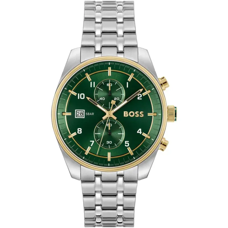 Hugo Boss Watch 5bar Men Green Dial Stainless Steel Metal Silver Strap Quartz Battery Analog Chronograph Skytraveler 1514195