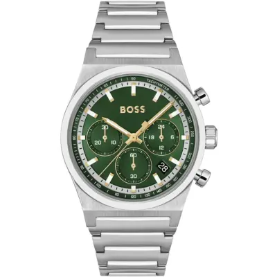 Hugo Boss Watch Men Green Dial Stainless Steel Metal Silver Strap Quartz Battery Analog Chronograph Candor 1514220