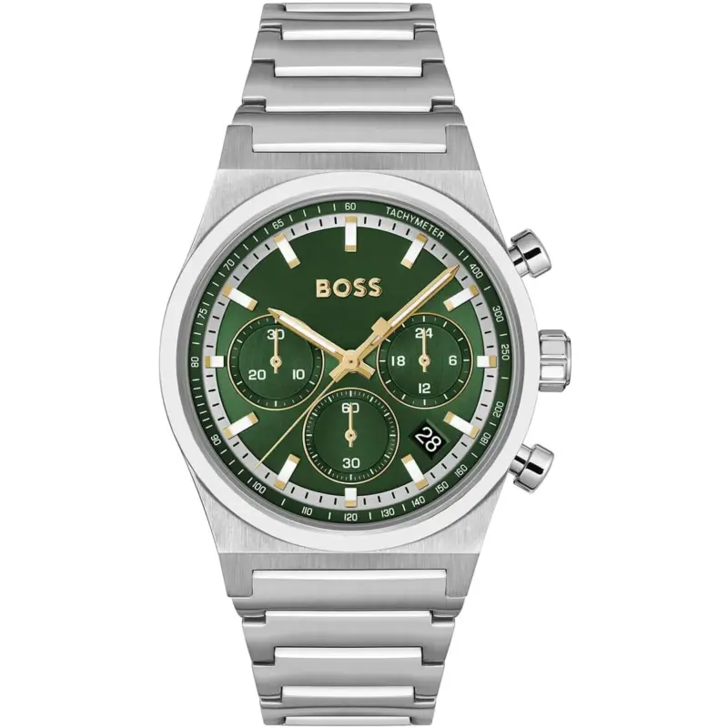 Hugo Boss Watch Men Green Dial Stainless Steel Metal Silver Strap Quartz Battery Analog Chronograph Candor 1514220