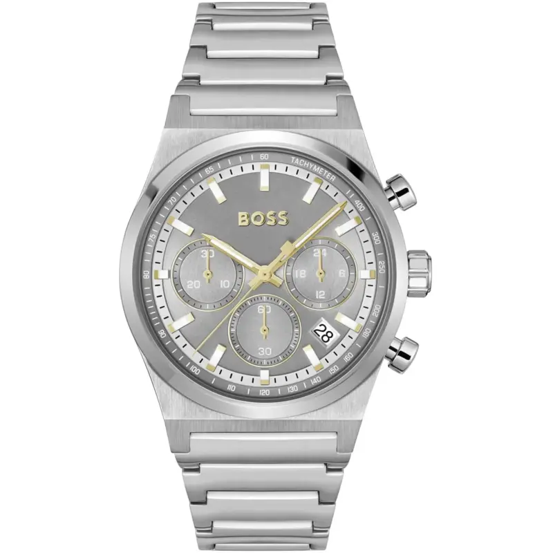 Hugo Boss Watch Men Gray Dial Stainless Steel Metal Silver Strap Quartz Battery Analog Chronograph Candor 1514221