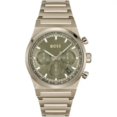 Hugo Boss Watch Men Green Dial Stainless Steel Metal Brown Strap Quartz Battery Analog Chronograph Candor 1514222