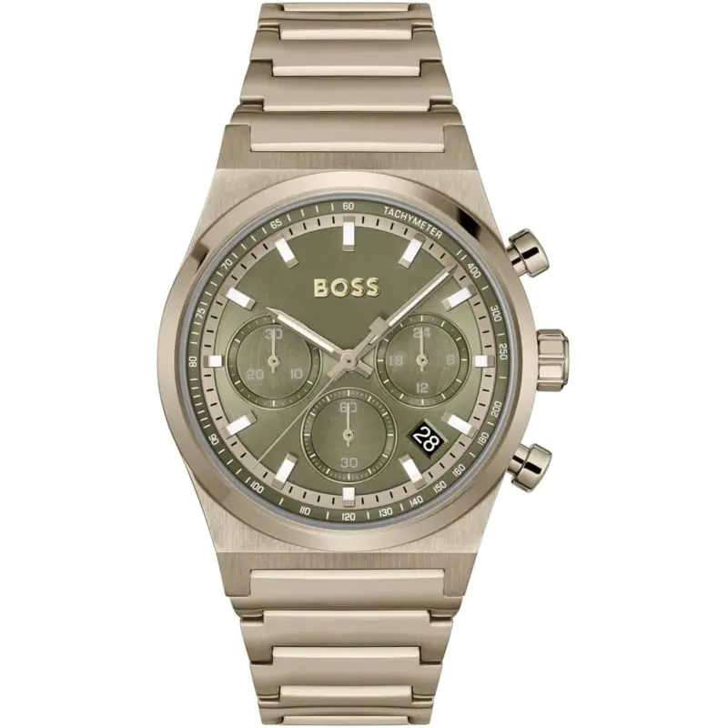 Hugo Boss Watch Men Green Dial Stainless Steel Metal Brown Strap Quartz Battery Analog Chronograph Candor 1514222