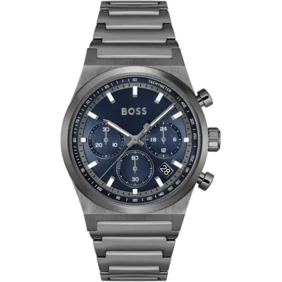 Hugo Boss Watch Men Gun Stainless Steel Metal Blue Dial Stainless Steel Metal Gray Strap Quartz Battery Analog Chronograph Candor 1514223