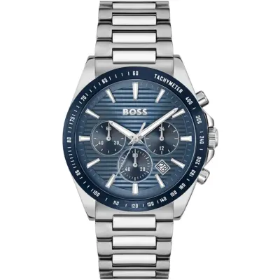 Hugo Boss Watch Men Blue Dial Stainless Steel Metal Silver Strap Quartz Battery Analog Chronograph Strike 1514240