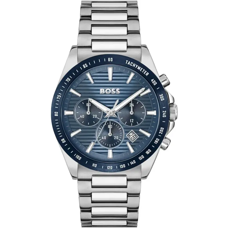 Hugo Boss Watch Men Blue Dial Stainless Steel Metal Silver Strap Quartz Battery Analog Chronograph Strike 1514240