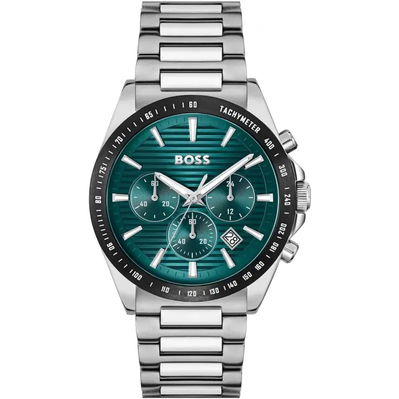 Hugo Boss Watch Men Green Dial Stainless Steel Metal Silver Strap Quartz Battery Analog Chronograph Strike 1514241
