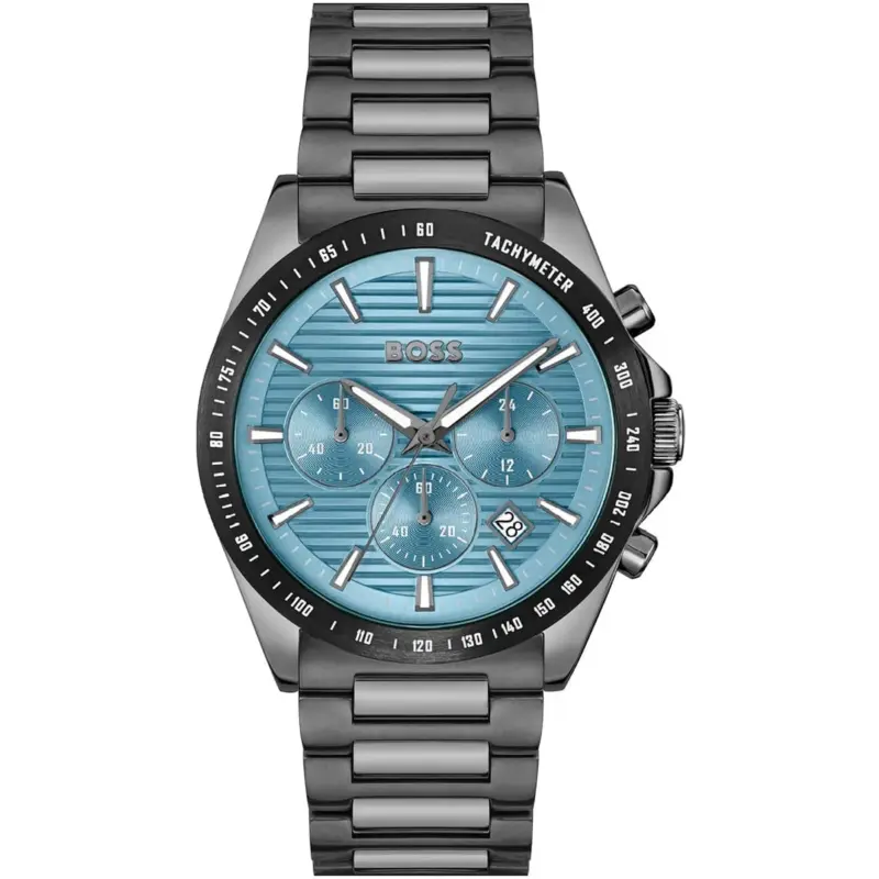 Hugo Boss Watch Men Blue Dial Stainless Steel Metal Gray Strap Quartz Battery Analog Chronograph Strike 1514242