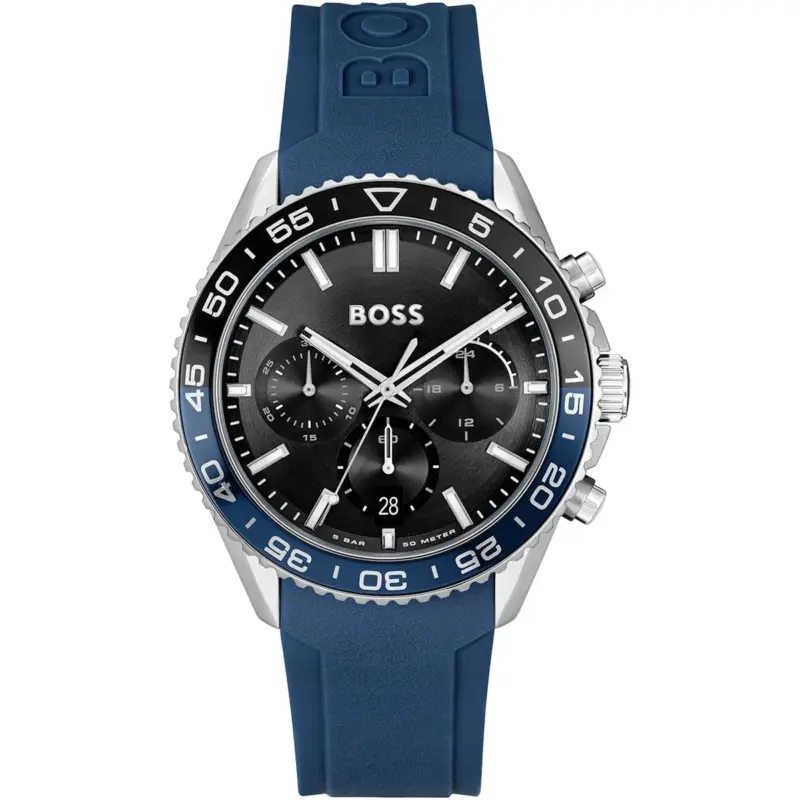 Hugo Boss Watch Men Black Dial Rubber Blue Strap Quartz Battery Analog Chronograph Runner 1514245