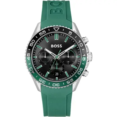Hugo Boss Watch Men Black Dial Rubber Green Strap Quartz Battery Analog Chronograph Runner 1514246