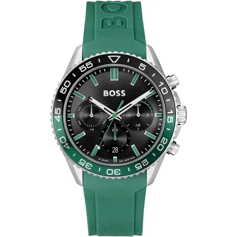 Hugo Boss Watch Men Black Dial Rubber Green Strap Quartz Battery Analog Chronograph Runner 1514246