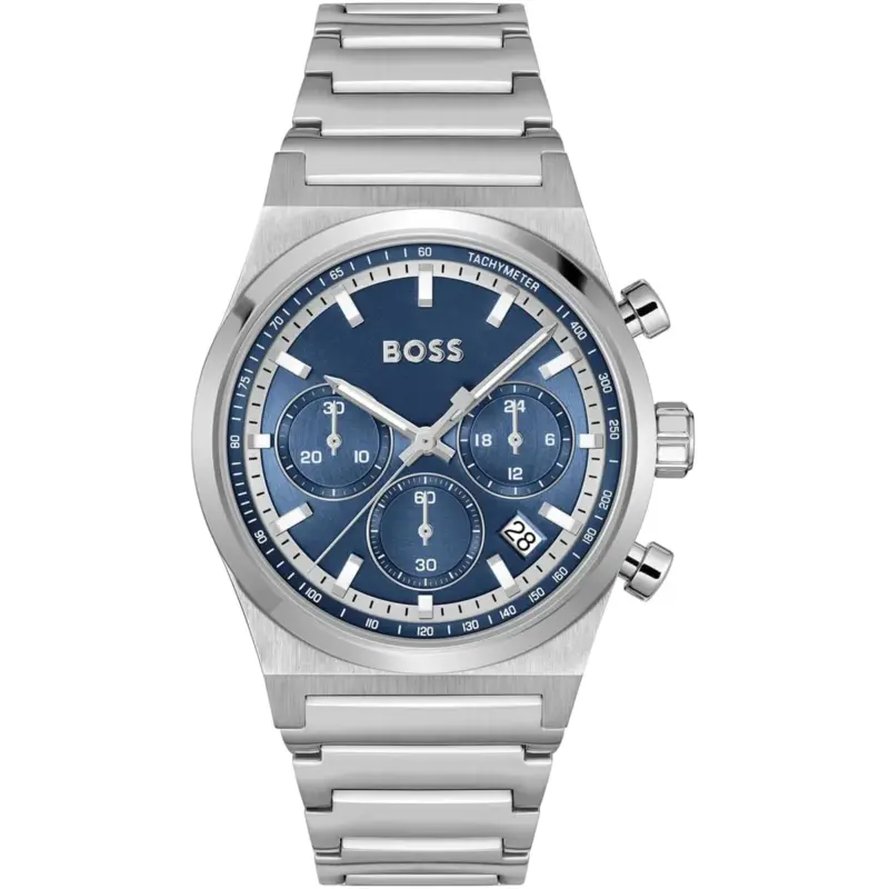 Hugo Boss Watch Men Blue Dial Stainless Steel Metal Silver Strap Quartz Battery Analog Chronograph Candor 1514250